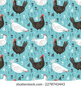 Lovely hens and roosters. Seamless pattern. Vector illustration