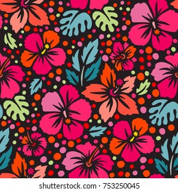 Lovely hibiscus seamless pattern. Good for textile fabric design, wrapping paper and website wallpapers. Vector illustration. Flat style.