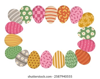 Lovely horizontal rectangle frame with Easter eggs in bright colors for poster, flier, social media. Colorful border for Easter with hand drawn ornate eggs with stripes, check, stars, dot, twirl.