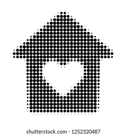 Lovely house halftone dotted icon. Halftone pattern contains round points. Vector illustration of lovely house icon on a white background.