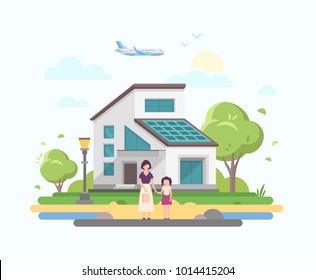Lovely house - modern flat design style vector illustration on blue background. A composition with a small low-storey building, mother and daughter, lantern, trees, airplane, clouds, sun