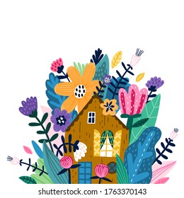 Lovely house surrounded by bright colors. T shirt print, wall art, poster, postcard, banner design element. Inscription with doodle flowers.