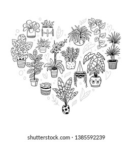 Lovely houseplants in heart shape. Hand-drawn monochrome plants in pots. Vector illustration. Natural design elements can be used for postcards, banners, websites or ads.