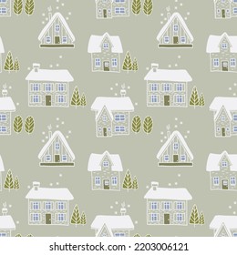 Lovely houses with chimneys, trees and firs. Snow on rooftops. Seamless vector pattern. Can be printed and used as Christmas wrapping paper, wallpaper, textile, fabric, etc.