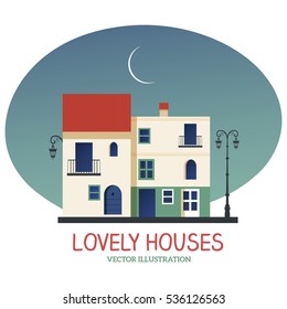 Lovely Houses under the moon. Vector illustration isolated on white background.