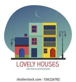 Lovely Houses under the moon. Vector illustration isolated on white background.