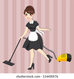 Lovely housewife with vintage maid dress cleaning using vacuum cleaner