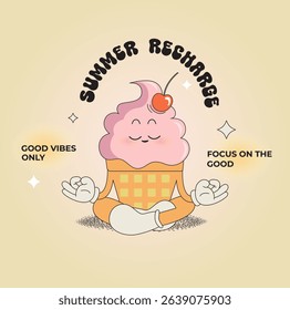 Lovely ice cream character in yoga pose,funny summer food-sundae, gelato. Sweet kawaii delicacy with cherry on top for kids. Template for greeting,invitation,poster, flyer, web.Vector illustration
