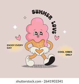 Lovely ice cream character,funny summer food-sundae, gelato. Sweet kawaii delicacy with wishing love for kids and sweets. Template for greeting,invitation,poster, flyer, web.Vector illustration