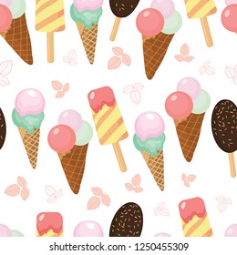 Lovely ice cream seamless pattern. Great for yummy summer dessert wallpaper, backgrounds, packaging, fabric, scrapbooking, and giftwrap projects. Surface pattern design.