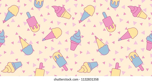 Lovely ice cream vector pattern, seamless repeat. Light yellow and pink triangle background. Trendy punchy pastel colors. Great for apparel, cards, wrapping paper, editorial design etc.