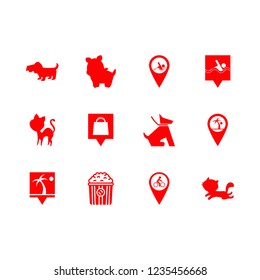 lovely icon set about cat, sitting dog, shopping pin and popcorn vector set