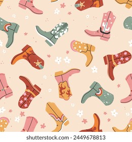 Lovely illustrated cowboy boots with different ornaments, cactus, animal print, flames, stars. Vector hand drawn illustration, seamless pattern, great for textiles, wallpapers, wrapping.