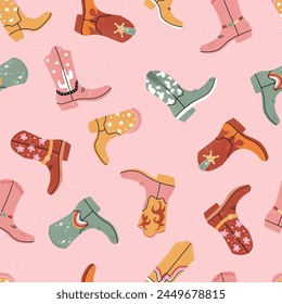 Lovely illustrated cowboy boots with different ornaments, cactus, animal print, flames, stars. Vector hand drawn illustration, seamless pattern, great for textiles, wallpapers, wrapping.