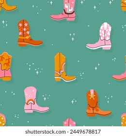 Lovely illustrated cowboy boots with different ornaments, cactus, animal print, flames, stars. Vector hand drawn illustration, seamless pattern, great for textiles, wallpapers, wrapping.