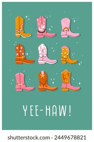 Lovely illustrated cowboy boots with different ornaments, cactus, animal print, flames, stars. Vector hand drawn illustration,