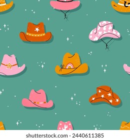 Preciosos sombreros de vaquero ilustrados con diferentes adornos, cactus, herradura, estrellas. Ilustración dibujada a mano vectorial, patrón sin costura, ideal para textiles, fondos de pantalla, envoltura.