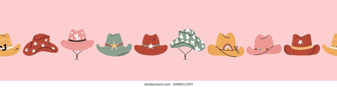 Preciosos sombreros de vaquero ilustrados con diferentes adornos, cactus, herradura, estrellas. Ilustración dibujada a mano vectorial, patrón sin costura, ideal para textiles, fondos de pantalla, envoltura.