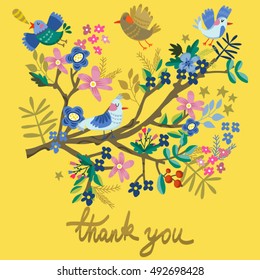 Lovely illustration of blossom branch and birds 