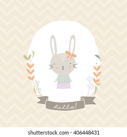 Lovely illustration with cute rabbit and floral elements for girls