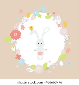 Lovely illustration with cute rabbit and floral elements for girls