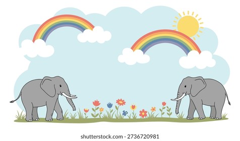 Lovely illustration features two grey elephants in a green field with wild flowers under rainbows and a bright yellow sun.