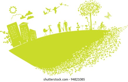 ilustración encantadora con gente feliz en un pequeño planeta verde estilizado