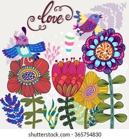 Lovely illustration of flowers and birds and hand drawn letters "love", cute and stylish template for your design.
