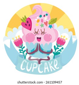 Lovely illustration of funny cupcake on clouds.
