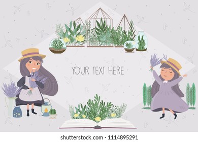 Lovely illustration poster with girl in the garden. Provence illustration poster. Editable vector illustration