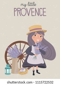 Lovely illustration poster with girl in the garden. Provence illustration poster. Editable vector illustration