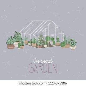 Lovely illustration poster with plants in the garden. Editable vector illustration