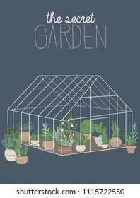 Lovely illustration poster with plants in the greenhouse. Editable vector illustration