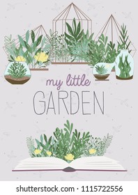 Lovely illustration poster with terrarium plants and book. Editable vector illustration