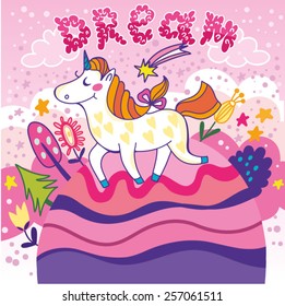 Lovely illustration of unicorn and pink background. Let's dream come true. 