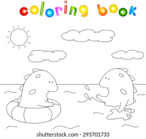 Lovely imaginary dragons splashing in the water. monster swims in sea in lifebuoys, creature sprinkles water spray. Coloring book. Educational game for children. Vector illustration