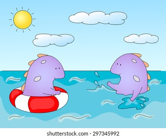 Lovely imaginary dragons splashing in the water. Ã�?ne monster swims in sea in lifebuoys, another creature swim on its own and sprinkles water spray. Vector illustration