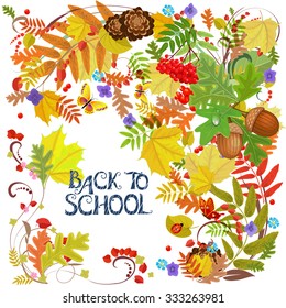 Lovely invitation card with autumn nature and leafs. Back to school