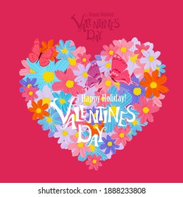 lovely invitation card with flowering heart of colorful daisies and butterflies for your design