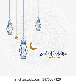 lovely islamic eid al adha greeting with hanging lamps