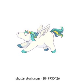 Lovely isolated Pegasus in Cartoon style, vector stock Pegasus on white isolated background for prints, patterns, stickers, icons for social networks, emblems, décor in Children’s goods field.
