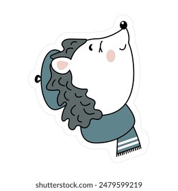  Lovely isolated vector flat hedgehog in the blue hat and scarf for digital arts and paper illustrations