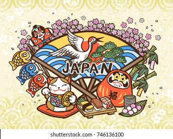 Lovely Japan concept illustration, hand drawn style with traditional symbol collection, fortune word in Japanese on the red daruma