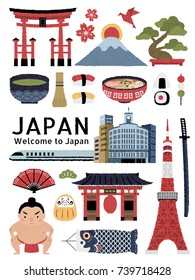 Lovely Japan cultural symbol set, delicious dishes and landmarks collection isolated on white background