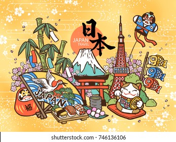 Lovely Japan Travel Concept, Cute Hand Drawn Style With Famous Attractions And Symbols, Japan Country Name And Fortune In Japanese On The Daruma