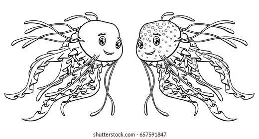 Lovely jellyfish with feelers the manual planimetric line on a white background. Marine animal. Vector illustration.