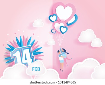 lovely joyful couple and balloon heart on pink background whit text 14 February design for Valentine's day festival and pink heart on abstract love background. Vector illustration.