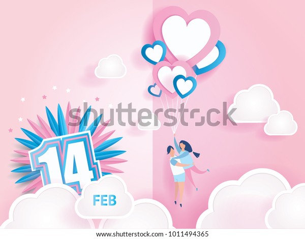 可爱的快乐情侣和气球心粉红色背景白来临文本14 2 月设计情人节节和粉红色心脏抽象的爱情背景 矢量插图 库存矢量图 免版税