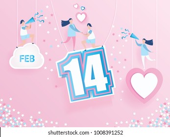 lovely joyful couple on pink background whit text 14 February design for Valentine's day festival and pink heart on abstract love background. Vector illustration.