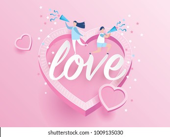 lovely joyful couple Valentine's day Celebration on big pink heart with text LOVE design for Valentine's day festival. love pink background. Vector illustration.